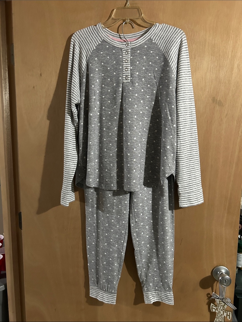 Kensie Gray & White Polka Dot and Stripe Womens Pajama Set